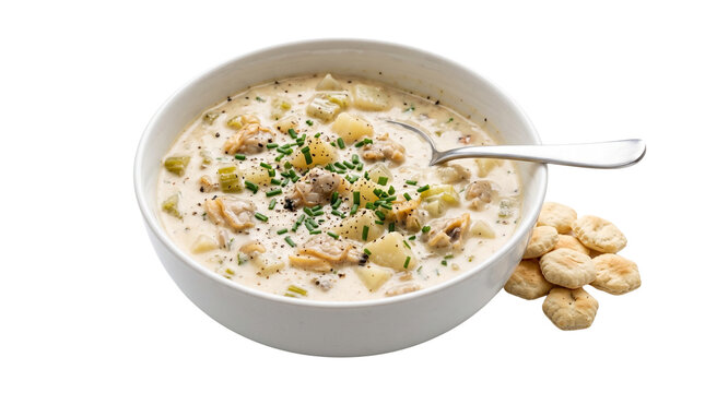Creamy clam chowder with potatoes and chives, hearty seafood soup in white bowl, traditional New England style chowder with oyster crackers isolated PNG with Transparent Background