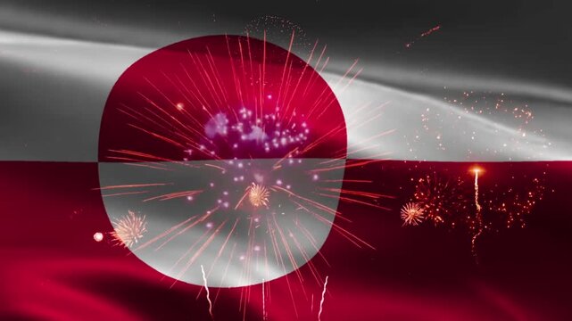 Greenland flag waving with red white circle as fireworks explode behind, seamless loop realistic fabric animation on dark night sky background wallpaper