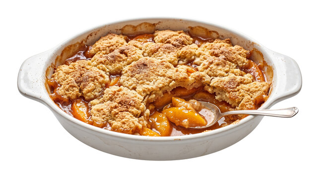 Homemade peach cobbler in ceramic baking dish, golden brown fruit crumble with spoon, rustic baked peach dessert with biscuit topping isolated PNG with Transparent Background