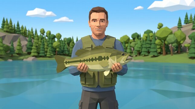 Low poly fisherman holding up a large caught bass beside a forest lake, colorful 3D illustration of recreational freshwater fishing adventure