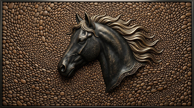 Bronze Horse Head Bas Relief Wall Art with Textured Pebble Background
