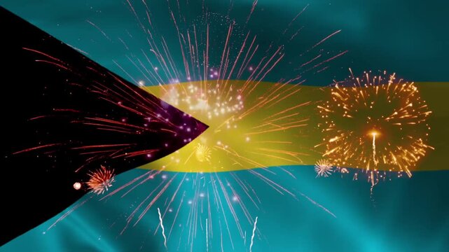 Bahamas flag waving with black triangle and aquamarine stripes, fireworks exploding behind, seamless loop realistic fabric animation on night background wallpaper