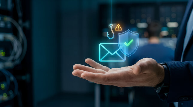 Cybersecurity Professional Protecting Email from Phishing Hook and Cyber Attack Hologram
