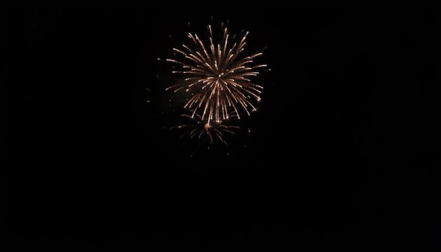 Golden fireworks exploding in the night sky with radiant starburst illumination, sparkling pyrotechnic trails and dramatic black background