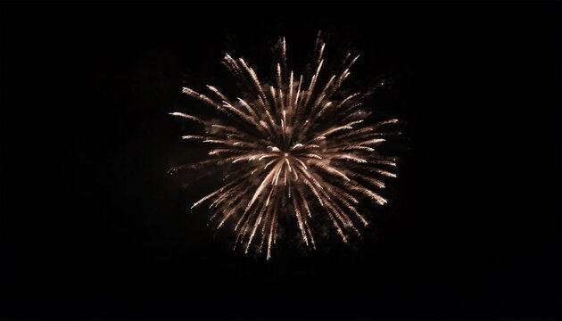 Golden fireworks exploding in the night sky with radiant starburst illumination, sparkling pyrotechnic trails and dramatic black background