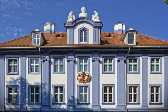 Blue castle, coat of arms of the family von Seckendorf, late baroque, market Obernzenn, Middle Franconia, Franconia, Bavaria, Germany