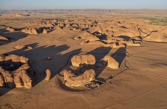 Elephant Rock or Elephant Rock, blue hour, aerial view, AlUla, Medina Province, Saudi Arabia, Arabian Peninsula