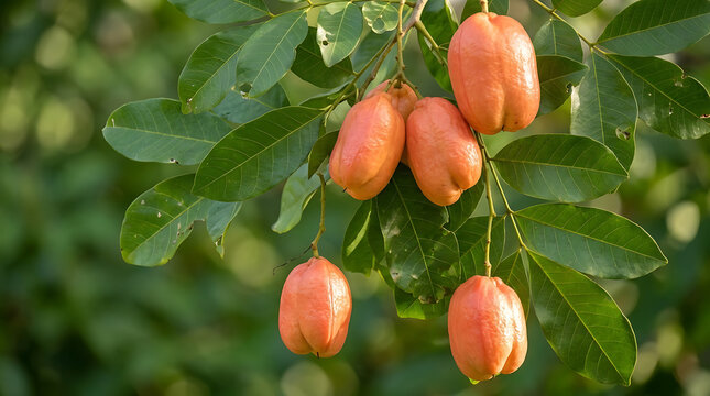 Fresh red ackee fruit hanging on a tree in the garden