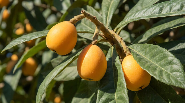Fresh ripe loquat fruits hanging on a tree branch
