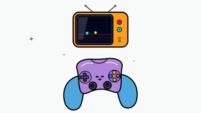 An animated comprehensive retro gaming scene featuring a vintage TV displaying a game screen, a floating purple and blue game controller, floating pixels, hearts, and dynamic lighting effects.