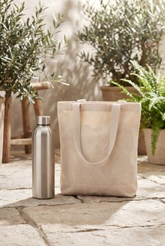Stainless steel bottle and Canvas tote bag Products Mockup for Corporate Branding