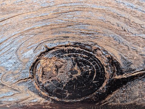 Closeup of natural wood grain swirling around a dark, weathered