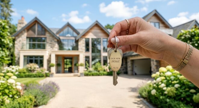 Hand Holding Keys to a Luxurious Modern House.