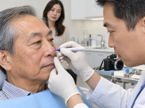Mohs surgeon marking a small suspected basal cell carcinoma on the nose of an older Asian man before surgery