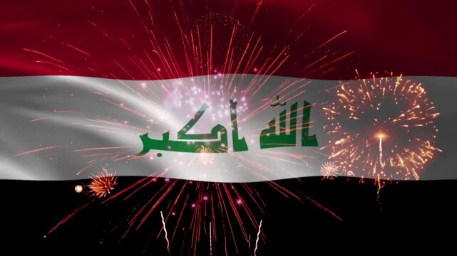 Iraq flag waving with Arabic takbir text and fireworks exploding behind, seamless loop realistic fabric animation on night background, patriotic celebration wallpaper