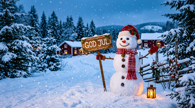 Snowman Holding God Jul Sign in Snowy Forest