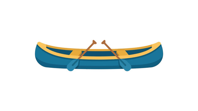 A blue and yellow canoe with two oars rests on a white background depicted in a flat vector style