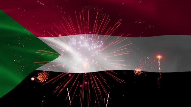 Sudan flag waving with green triangle and tricolor bands, fireworks exploding behind, seamless loop realistic fabric animation on night background wallpaper
