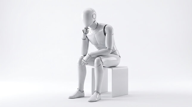White humanoid robot or 3D mannequin sitting in a contemplative thinking pose on a square cube, symbolizing artificial intelligence and modern technology