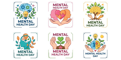 Fototapeta premium A collection of colorful watercolor illustrations celebrating world mental health day with inspirational messages and floral artistic designs