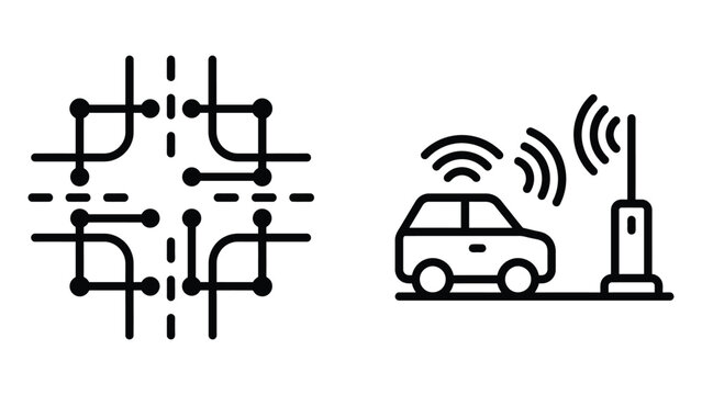 Smart Mobility and Autonomous Vehicle Vector Icons Set, Featuring Connected Infrastructure and Wireless Communication Technology Symbols