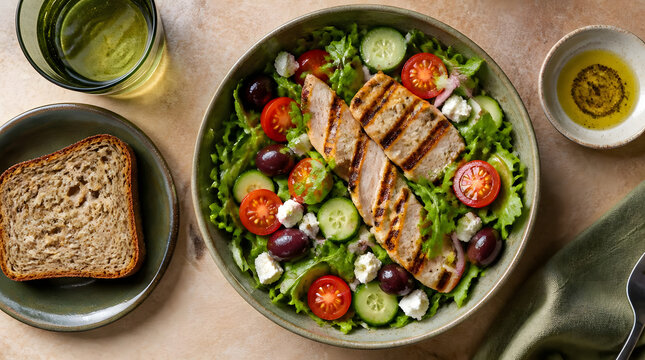 Mediterranean salad grilled chicken fresh lettuce cherry tomatoes cucumbers black olives feta cheese whole grain bread rustic wooden dining table