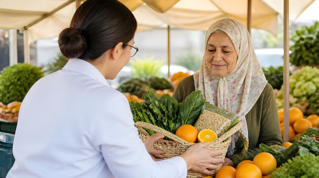 Dietitian assisting elderly customer selecting fresh fruits vegetables outdoor market healthy lifestyle