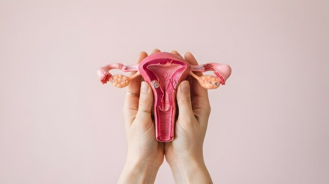 Anatomical model of a female uterus held in hands against a pale background