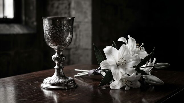 Silver communion chalice with white lily flowers on a wooden table in a dimly lit moody church interior