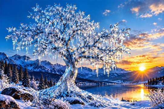 Crystal ice tree with sparkling frozen leaves stands proudly outdoors beneath bright sunrise sky, glowing brightly during cold winter morning landscape scenery.