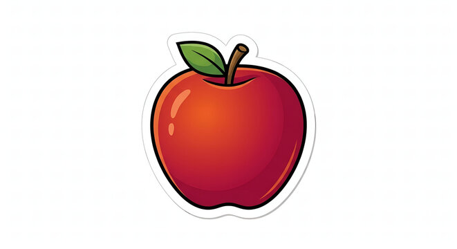 Red apple sticker vector illustration with white die-cut border in 3D cartoon style