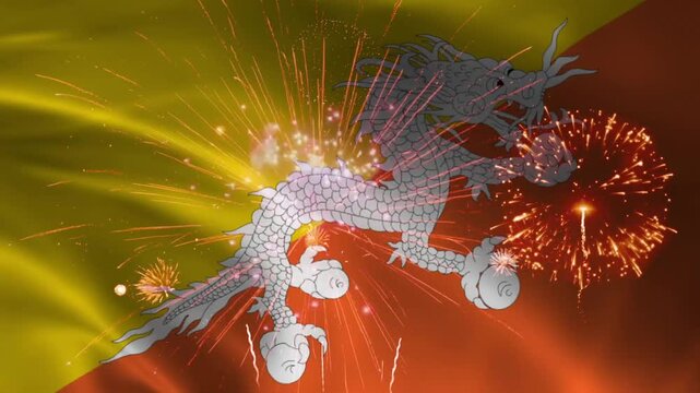 Bhutan flag waving with dragon emblem and fireworks bursting, seamless loop realistic fabric animation on night sky background, patriotic kingdom celebration wallpaper