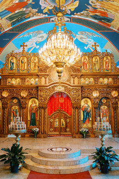 Ornate Iconostasis and Chandelier in St. Nicholas Serbian Orthodox Cathedral
