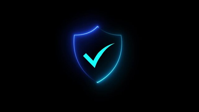 Glowing Neon Glitch security shield with check mark icon 4k Motion Graphics of Black Background.