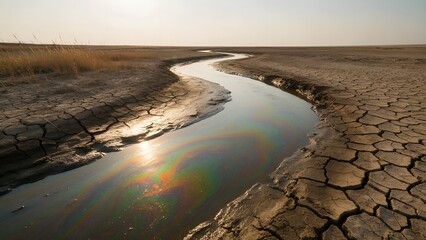 Fototapeta premium Contaminated river water flowing through dry cracked earth landscape showcasing environmental pollution disaster ecological damage hazardous chemical waste crisis and climate change impacts globally