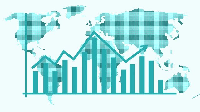 Business chart with rising arrow over a dark world map background animation
