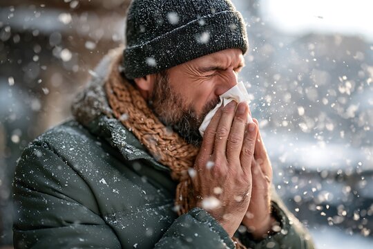 Man sneezing into tissue outdoors in winter, symbolizing seasonal flu, cold virus transmission, immune system response, illness prevention, and healthcare awareness.