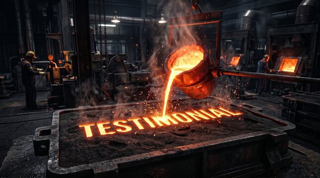 Industrial molten metal testimony banner. The word 'TESTIMONIAL' is being cast as glowing, bright-orange molten copper is poured into a dark, textured sand mold. Sparks and heat-haze ripples visible