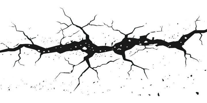 Abstract black ground crack fracture silhouette with debris particles on white background vector illustration.