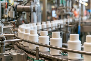 Fototapeta premium Conveyor line moving plastic pill bottles in modern pharmaceutical plant, symbolizing mass medicine production, health security, and drug supply chain.