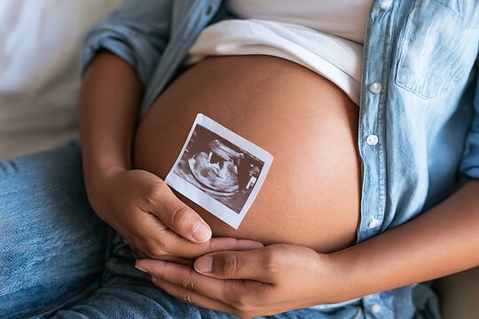 Pregnant woman holding sonogram photo on belly after IVF treatment, symbolizing reproductive medicine success, hope, modern family, and new life miracle.