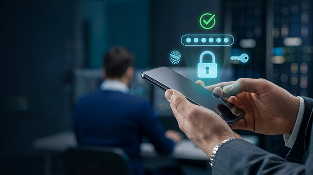 Cybersecurity Professional Using Smartphone with Password Protection and Login Security Hologram

