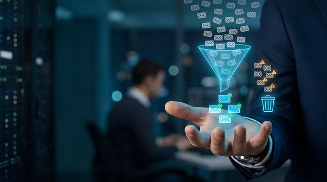 Business Executive Demonstrating Email Filtering and Spam Protection Hologram in Server Room
