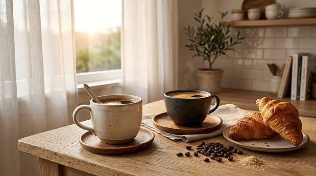 Two cups of hot coffee with fresh croissants on a wooden table near a bright window in the morning. morning coffee duo