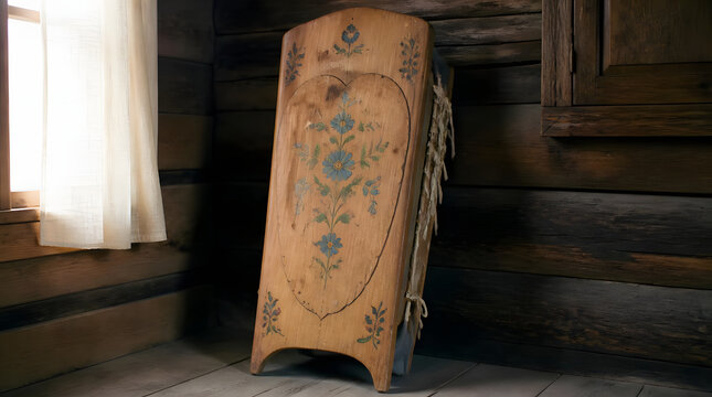 Rustic interior carved wooden cradleboard floral design weathered wood paneling natural light historical traditional setting