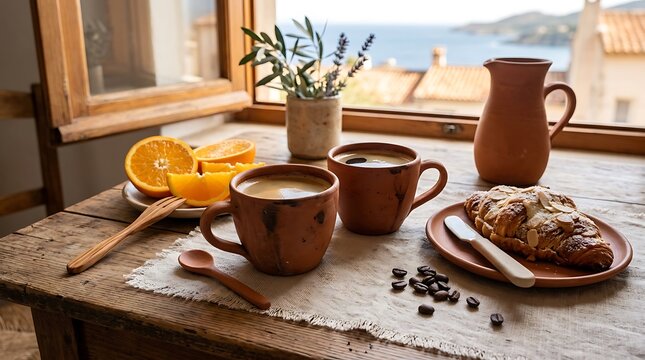 Two cups of hot coffee with fresh orange slices and pastry on a rustic wooden table by the window. morning coffee duo