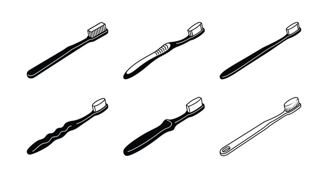 Collection of black toothbrush silhouettes on a white background