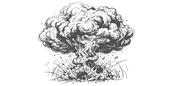 Hand drawn nuclear explosion mushroom cloud blast with smoke and debris shockwave vector illustration.