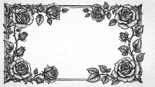 Elegant hand-drawn floral border featuring intricate rose blooms and thorny vines in a monochrome vintage style, ideal for classic decorative elements