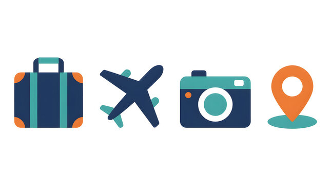 Horizontal row of travel icons featuring suitcase airplane camera location pin on vacation destination background